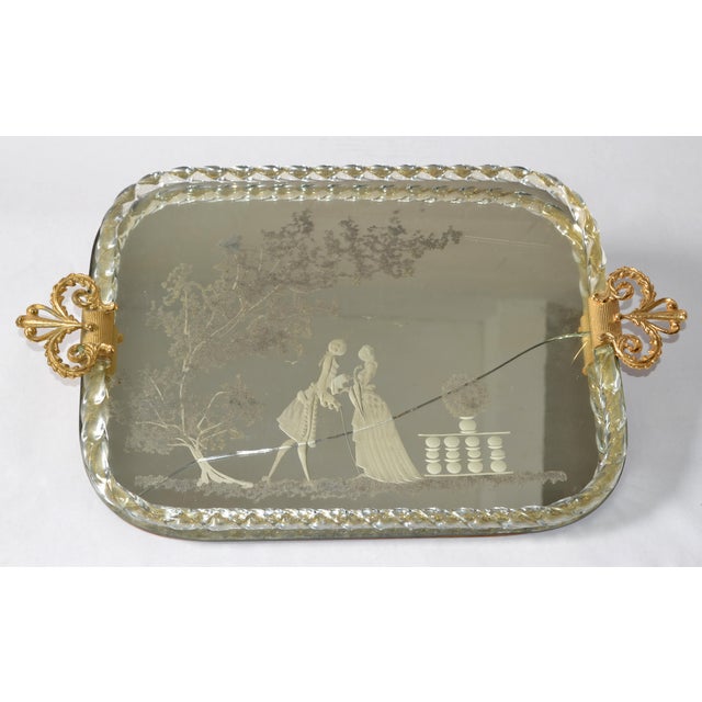 Mid-Century Modern 1960s Barovier Style Etched Murano Art Glass Mirrored Tray Bronze Handles Italy For Sale - Image 3 of 18