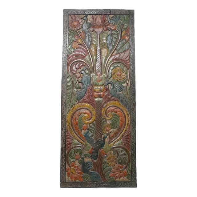 Vintage Tree of Life Hand-Carved Wood Door Panel – Colorful Architectural Wall Accent 84x36 For Sale