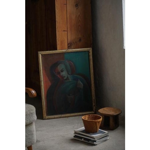 This evocative portrait painting presents a male figure rendered in a dark, atmospheric style. The work is characterized...