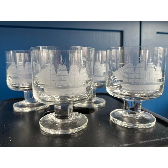 Mid 20th Century Mid 20th Century Etched Clipper Ship Footed Tumblers-4 Piece Set For Sale - Image 5 of 6