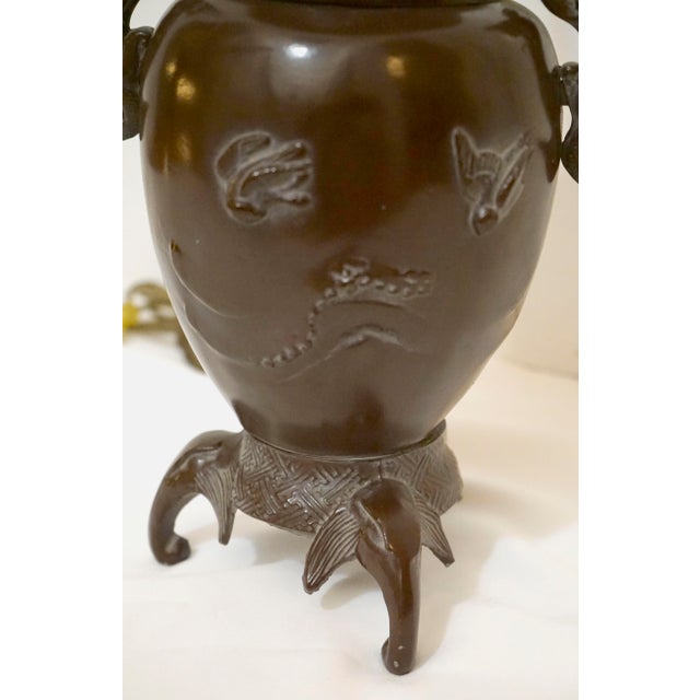 Metal Vintage Patinated Brass Meiji Style Elephant and Dragon Lamp For Sale - Image 7 of 13