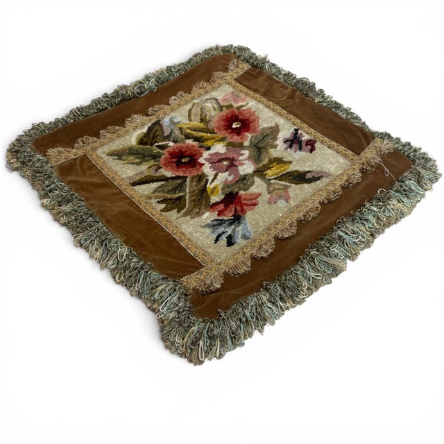 French Vintage Savonnerie-Style Rug Cushion Cover, Floral, Brown Velvet & Fringe, 18"x18" For Sale - Image 3 of 5