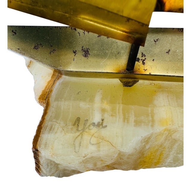 1970s Mid-Century Modern Brutalist Brass Sailboat Sculpture on Onyx Base by Yosi - 13" For Sale - Image 11 of 13