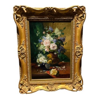 Vintage French Traditional Still Life Oil Painting of Flowers For Sale