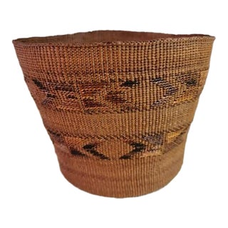 Vintage Native American Tlingit Style Woven Basket With Geometric Designs For Sale