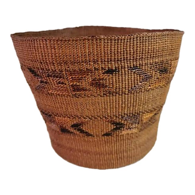 Vintage Native American Tlingit Style Woven Basket With Geometric Designs For Sale
