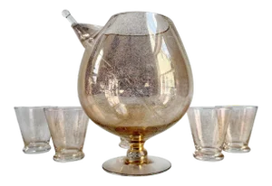 Mid-Century Modern Dorothy Thorpe Gold Fleck Cocktail Pitcher & Glassware Set - Set of 6