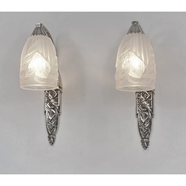 Art Deco Maynadier & Schneider 1930s French Art Deco Birds Wall Sconces - A Pair For Sale - Image 3 of 11