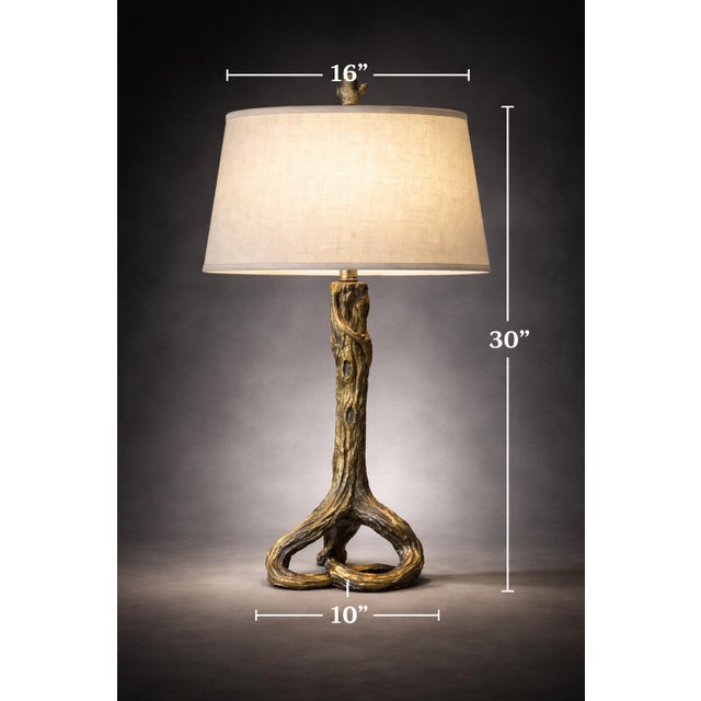 Contemporary Late 20th Century Modern Sculptural Driftwood Sunlit Bronze Finish Table Lamp - With Linen Drum Shade For Sale - Image 3 of 9