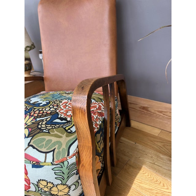 Art Deco Bentwood Armchair with Tan Leather and Chiang Mai Dragon Fabric Upholstery from Schumacher, 1930s For Sale - Image 14 of 18