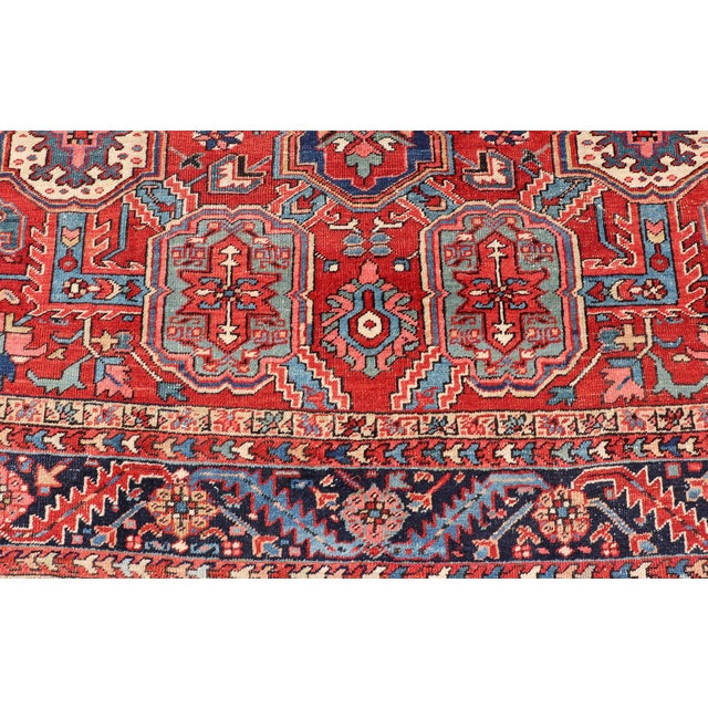 Antique Heriz Rug With Red Field, Geometric Tribal Motifs and Navy Blue Border 9'2 X 11'10 For Sale - Image 10 of 17