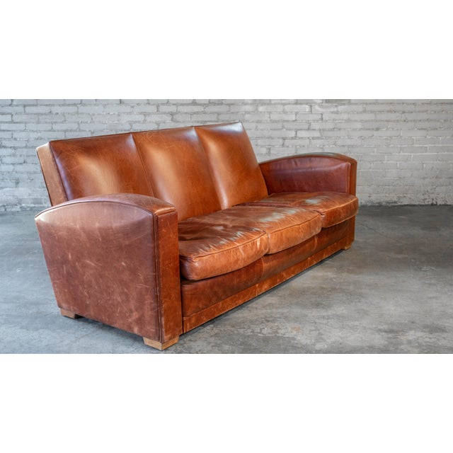 Vintage Art Deco Cognac Leather Sofa For Sale - Image 4 of 16