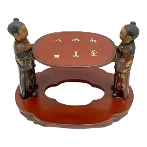 19th C. Chinese Figural Carved Wood Lacquer Scholars/ Offering / Opium Stand