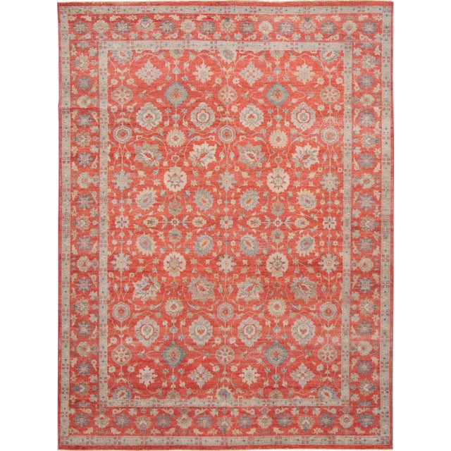 Textile Modern Red Indian Wool Rug Handmade With Allover Floral Motif For Sale - Image 7 of 7