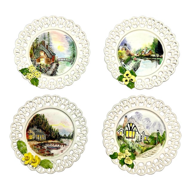 English Traditional Cottage Hand Painted Decorative Plates, Set of 4 For Sale