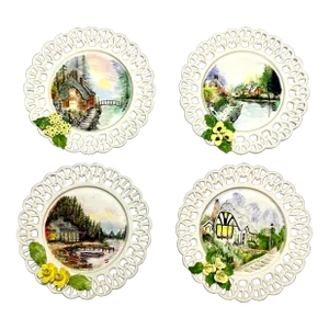 Vintage English Cottage Hand Painted Cottage Decorative Plates, Set of 4