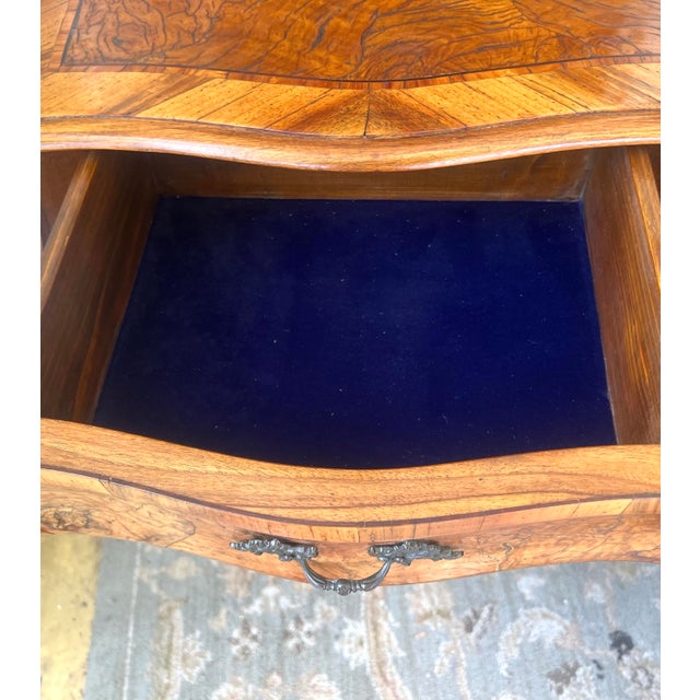 Burl Wood Nightstand Rococo Three Drawer Bombe Commode Blue Velvet Lining For Sale - Image 4 of 12