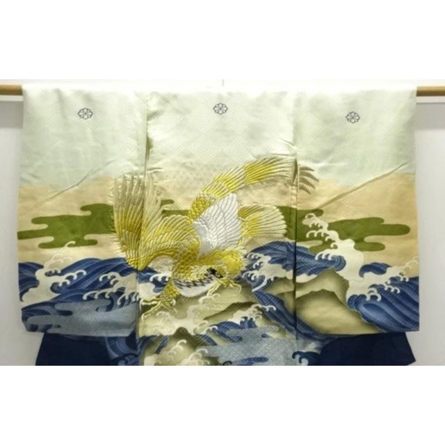 1950s Mid Century Japanese Kimono Silk Boys Antique Hand Embroidery Navy Eagle Falcon Bird Kyoto Obi Sash Gold Foil For Sale - Image 5 of 16