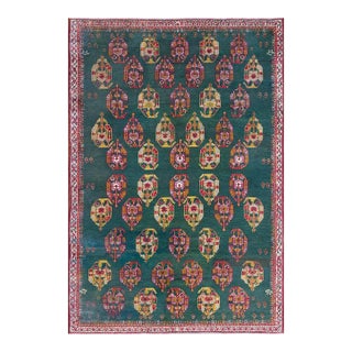 1930s Green Geometric Tribal Antique Indian Agra Rug 5'10" X 8'6" Hand Knotted Wool Carpet For Sale