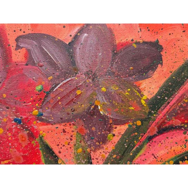 2000 - 2009 Vibrant abstract red flowers with splashes of green & yellow on box canvas 2007 For Sale - Image 5 of 8