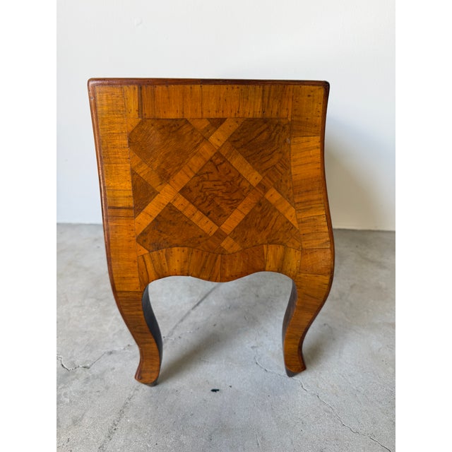 Vintage Italian Burl Olive Wood Parquetry Two-Drawer Miniature Chest With Shell-Form Handles For Sale - Image 9 of 12
