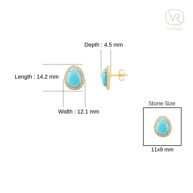 Turquoise 14k Gold 4.38 Ct Prong Set Turquoise Cabochon Diamond Halo Stud Earrings- A Pair For Sale - Image 8 of 11