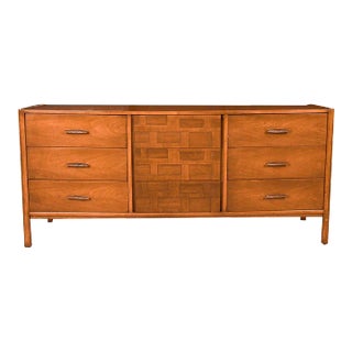 1970s Mid-Century Walnut Weave Pattern Long Dresser For Sale