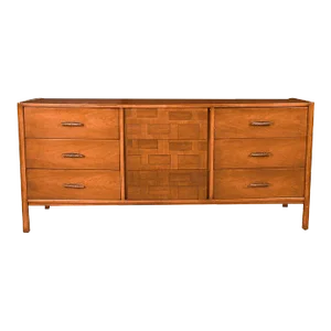 1970s Mid-Century Walnut Weave Pattern Long Dresser