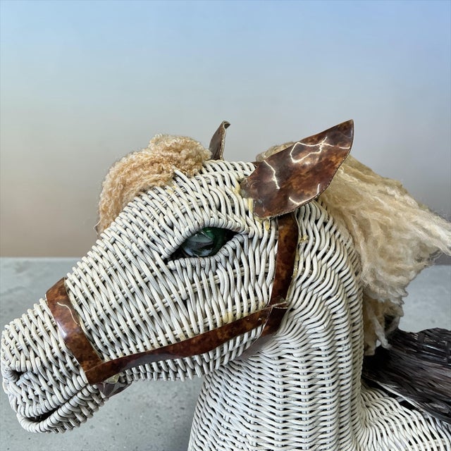 Brown Mid-Century Wicker Horse Side Table / Garden Stool - Glass Eyes Tortoise Ears For Sale - Image 8 of 12