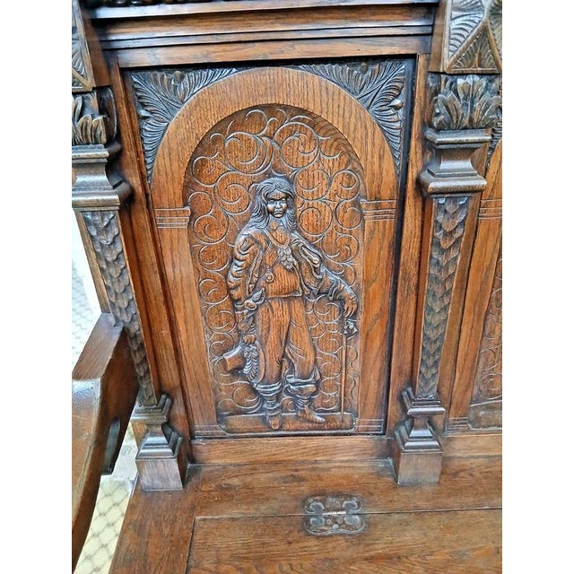 Wood Antique 19th Century Victorian Carved Oak Settle For Sale - Image 7 of 11