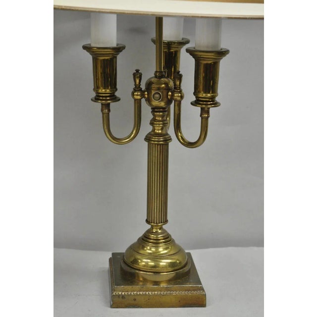 Vintage French Country Tole Metal Shade Brass Column Candelabra Table Lamps Pair For Sale - Image 4 of 16