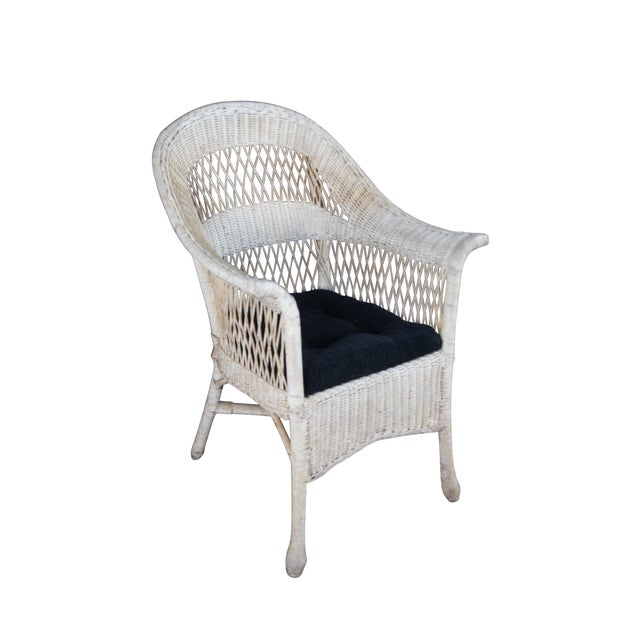 Boho Chic Antique White Painted Wicker Boho Chic Cottage Farmhouse Patio Lounge Armchair For Sale - Image 3 of 14