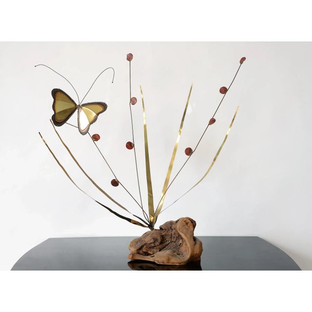 1970s Mid Century Modern Brass Butterfly on Plant Sculpture For Sale - Image 13 of 13