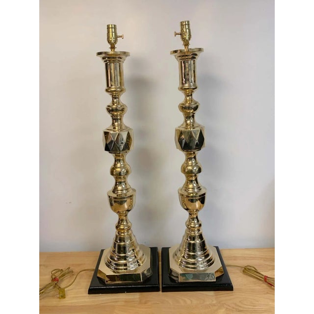 English Mid 20th Century Monumental 'Ace of Diamonds' Brass Candlestick Lamps - a Pair For Sale - Image 3 of 10
