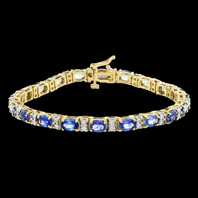 Gemstone 12 Carat Natural Sapphire & Diamond Cocktail Tennis Bracelet 14 Kt Yellow Gold For Sale - Image 7 of 18