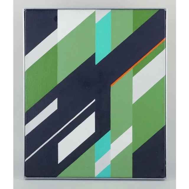 Wilhelm Lindvall (1924-2005), listed Swedish artist. Oil on canvas. Geometric composition. Signed on the back. Aluminium...