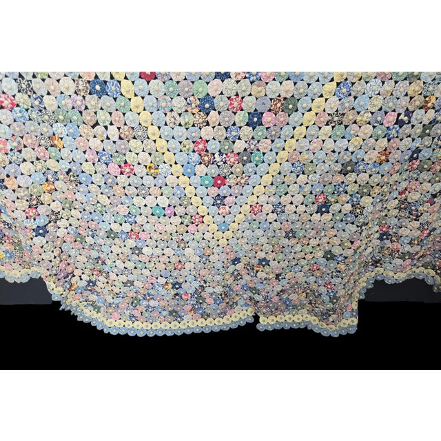Yellow Antique American Folk Art Dimensional Padded Button Center Yo-Yo Quilt With Geometric Diamond Pattern For Sale - Image 8 of 12