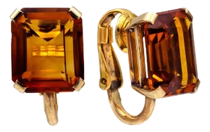 Mid 20th Century Vintage 14k/10k Yellow Gold Madeira Citrine Emerald Cut Clip-on Earrings - Set of 2
