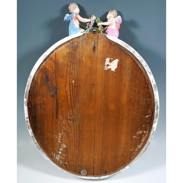 Ceramic Large Oval Wall Mirror Crowned with Winged Cupids by Leuteritz for Meissen, 1860s For Sale - Image 7 of 8