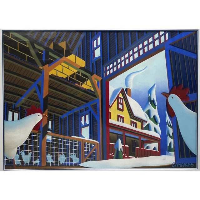 Original Wade Zahares 'Barnyard Chickens in Winter' Pastel Illustration Painting For Sale - Image 10 of 13