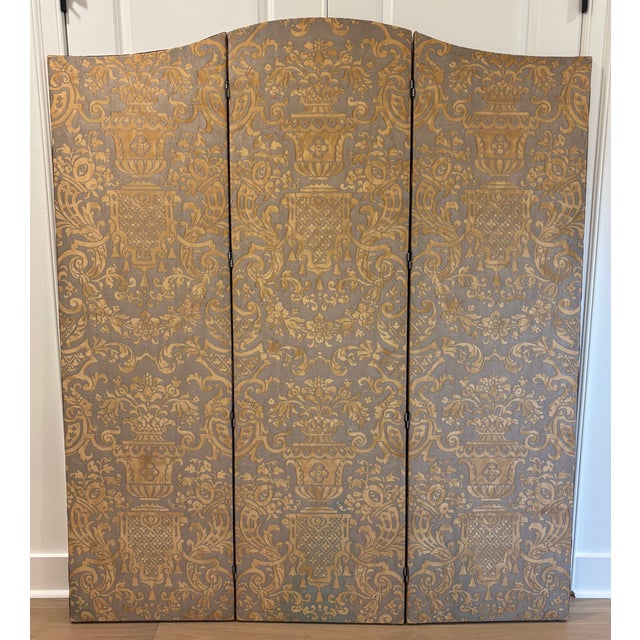 Vintage Fortuny three panel double sided floor screen or room divider covered entirely in Fortuny "Carnavalet" fabric. The...