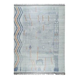 8x11 Ivory Hand-Knotted Wool Linear Gridwork Tribal Modern Carpet Rug For Sale