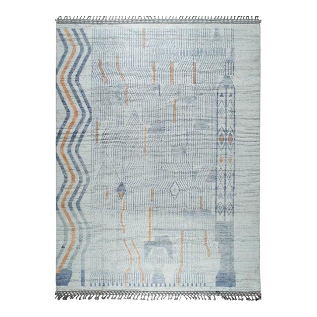 8x11 Ivory Hand-Knotted Wool Linear Gridwork Tribal Modern Carpet Rug For Sale