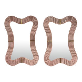Contemporary, Pink Murano Glass, Brass, Modern 'Wavy' Wall Mirrors, Italy, 21st C. For Sale