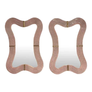 Contemporary, Pink Murano Glass, Brass, Modern 'Wavy' Wall Mirrors, Italy, 21st C.