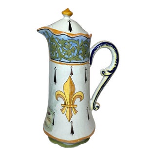 Share Antique Desvres French Faience Chocolate Pot With Breton & Decor Riche Border For Sale
