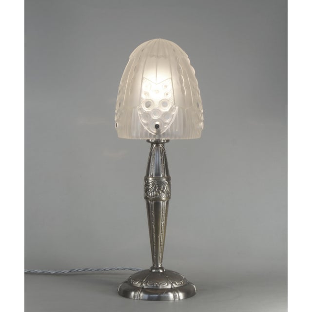 Metal Georges Leleu French Art Deco Table Lamp in Frosted Glass & Nickeled Bronze - 1930s For Sale - Image 7 of 11