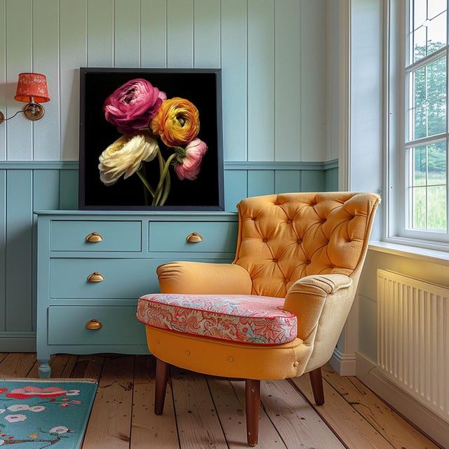 A photograph of several colored Ranunculus flowers against black. Printed on 300gsm Archival Fine Art Paper.