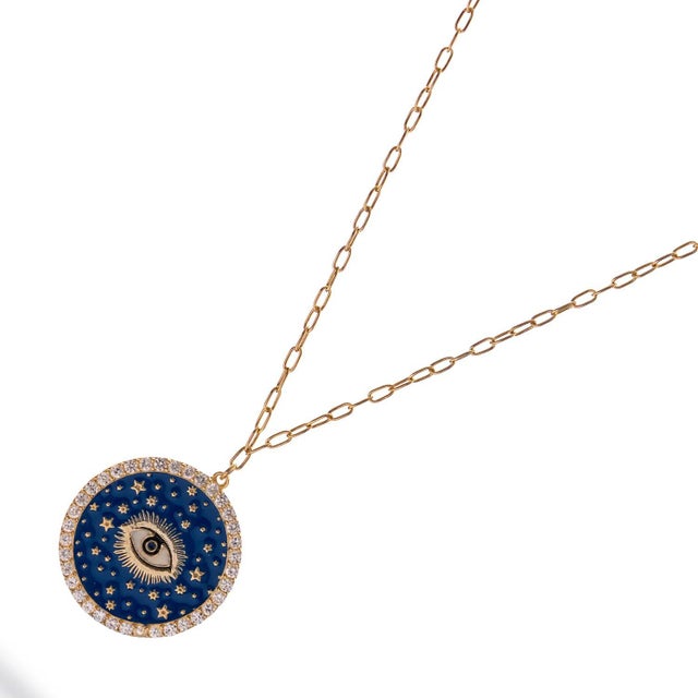 Gold Cosmic Evil Eye Star Medallion Gold Necklace For Sale - Image 8 of 12