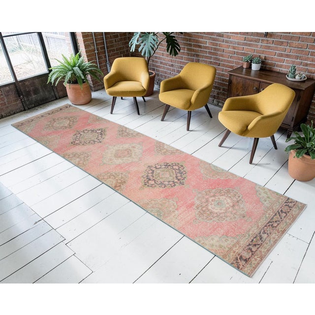 Mid-Century Modern Long Turkish Hallway Runner 3x13, Muted Pink and Green Oushak Rug, Hand Knotted Vintage Runner, Mid-Century Entryway Rug For Sale - Image 3 of 15